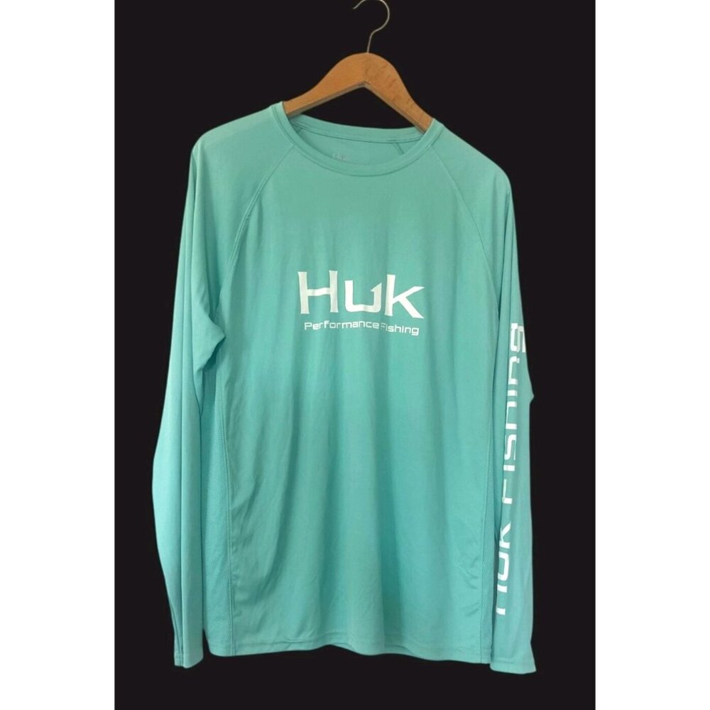 Huk Mens‎ M Long Sleeve Performance Fishing Shirt 100% Polyester Aqua